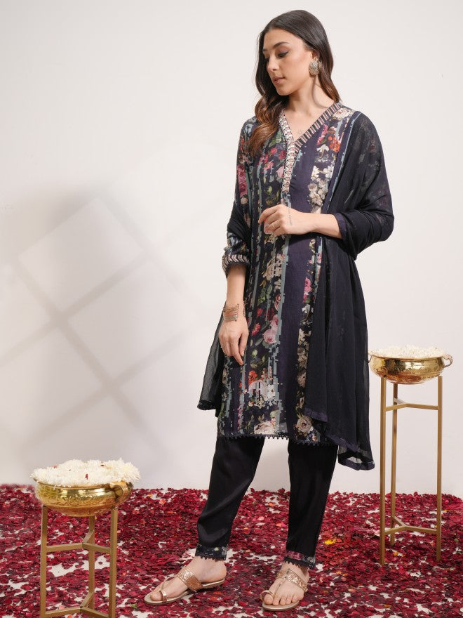 Vishudh Women Blue Printed Kurta With Trouser And Dupatta - Blue - Image 2
