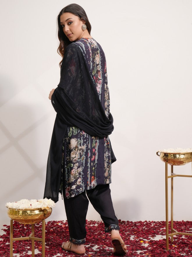 Vishudh Women Blue Printed Kurta With Trouser And Dupatta - Blue - Image 3