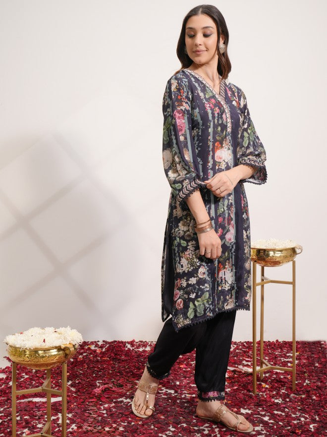 Vishudh Women Blue Printed Kurta With Trouser And Dupatta - Blue - Image 4