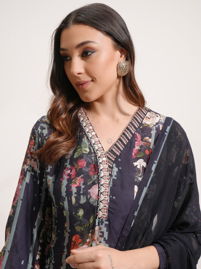 Vishudh Women Blue Printed Kurta With Trouser And Dupatta - Blue - Image 8