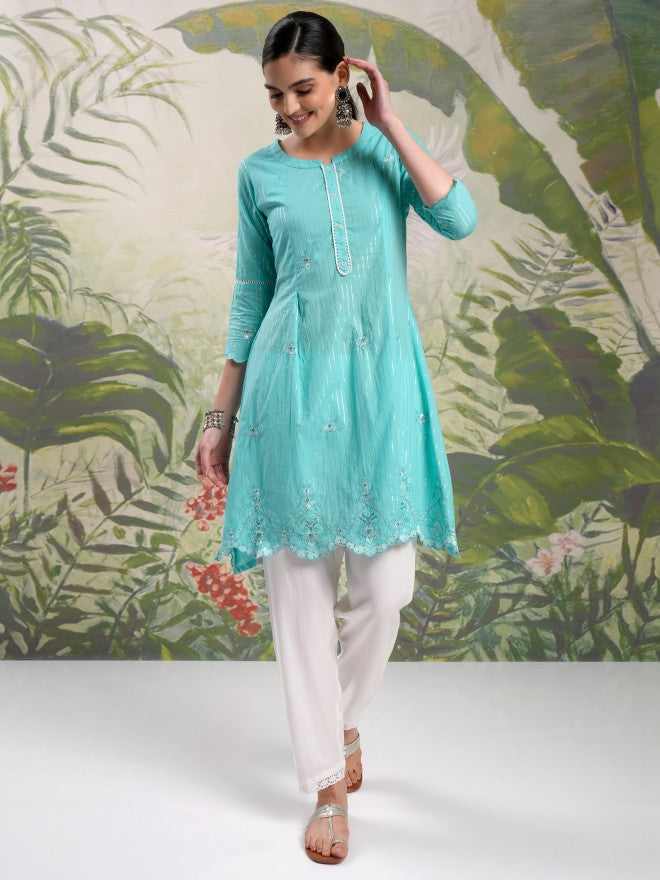Vishudh Women Blue Embroidered Kurta With Trouser - Blue - Image 2