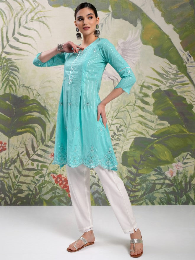 Vishudh Women Blue Embroidered Kurta With Trouser - Blue - Image 4