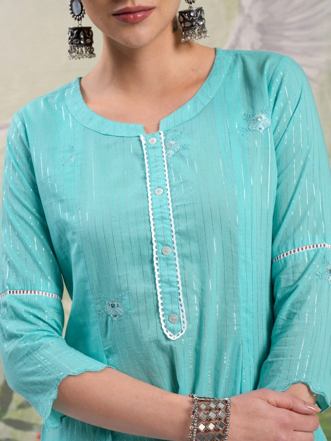 Vishudh Women Blue Embroidered Kurta With Trouser - Blue - Image 5