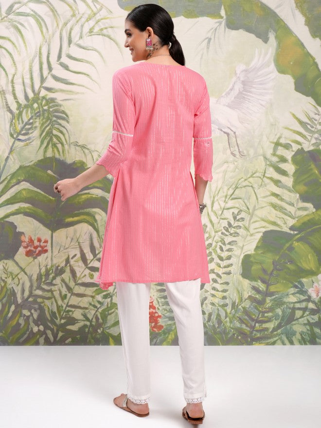 Vishudh Women Pink Embroidered Kurta With Trouser - Pink - Image 3