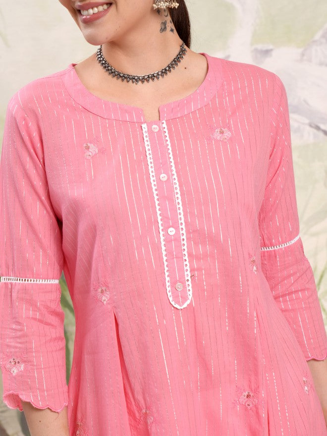 Vishudh Women Pink Embroidered Kurta With Trouser - Pink - Image 5