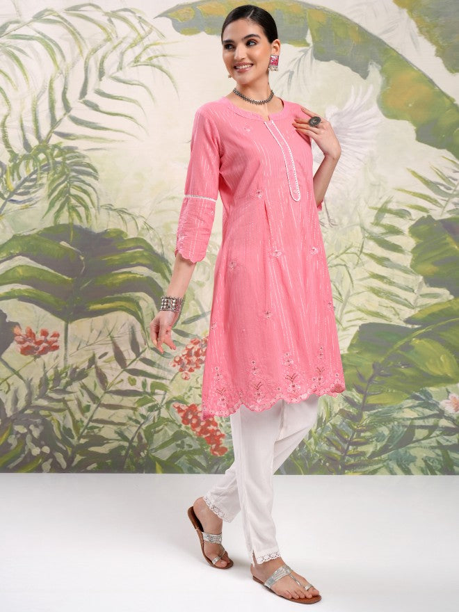 Vishudh Women Pink Embroidered Kurta With Trouser - Pink - Image 6