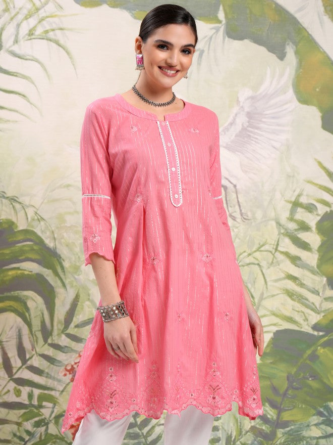 Vishudh Women Pink Embroidered Kurta With Trouser - Pink - Image 9