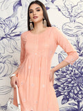 Vishudh Women Peach Embroidered Kurta With Trouser And Dupatta - Peach - Image 1