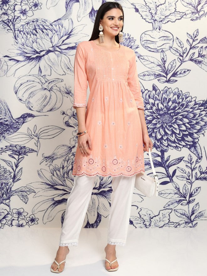 Vishudh Women Peach Embroidered Kurta With Trouser And Dupatta - Peach - Image 2