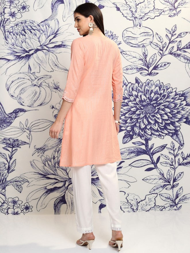Vishudh Women Peach Embroidered Kurta With Trouser And Dupatta - Peach - Image 3