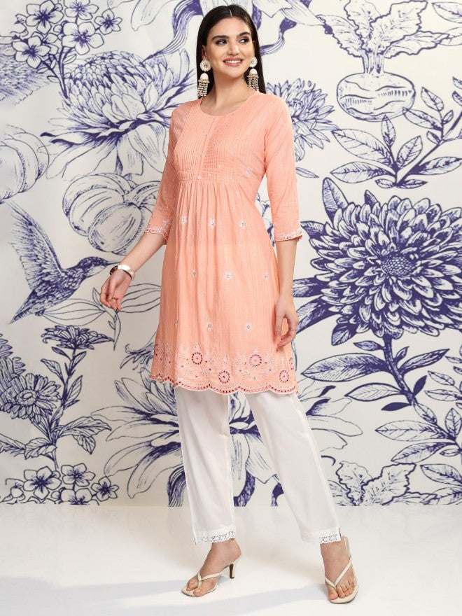 Vishudh Women Peach Embroidered Kurta With Trouser And Dupatta - Peach - Image 4