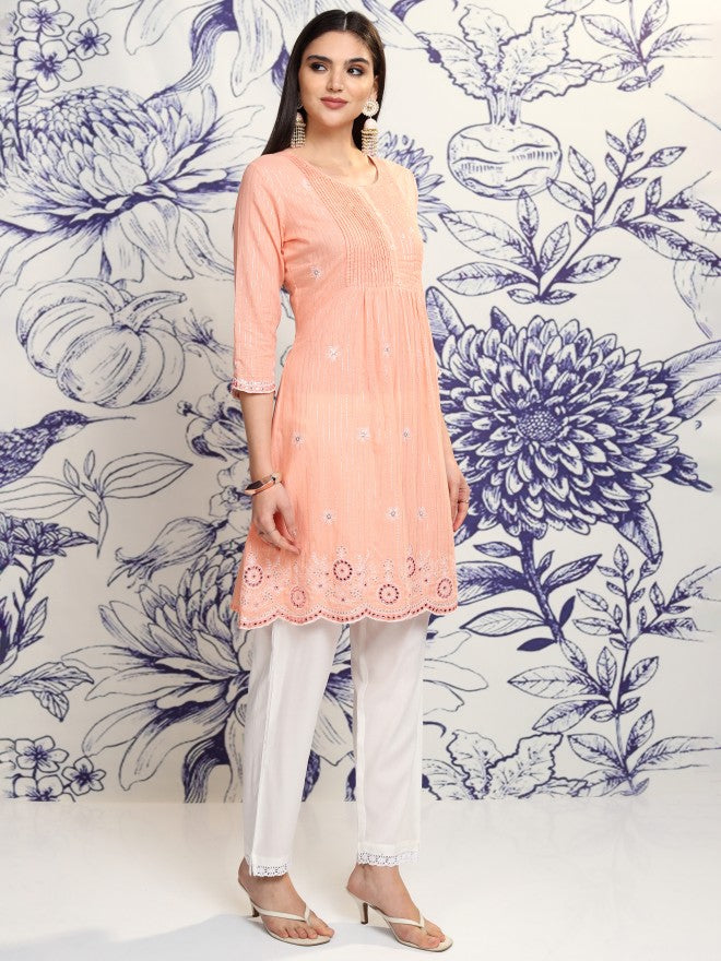 Vishudh Women Peach Embroidered Kurta With Trouser And Dupatta - Peach - Image 6