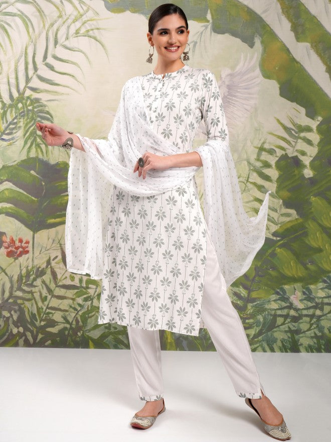 Vishudh Women Green Printed Kurta With Trouser And Dupatta - Green - Image 2