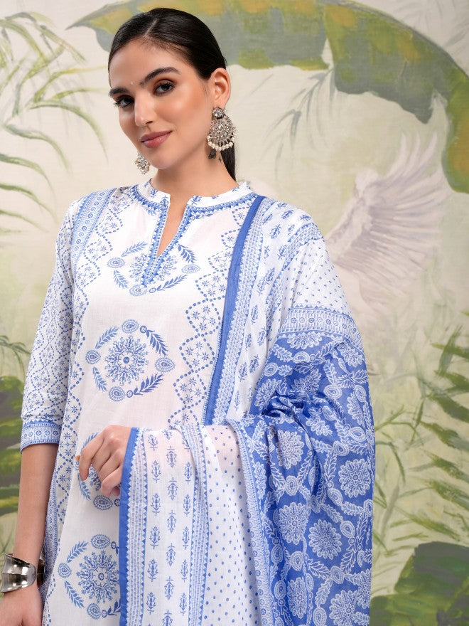 Vishudh Women Blue Printed Kurta With Trouser And Dupatta - Blue - Image 1