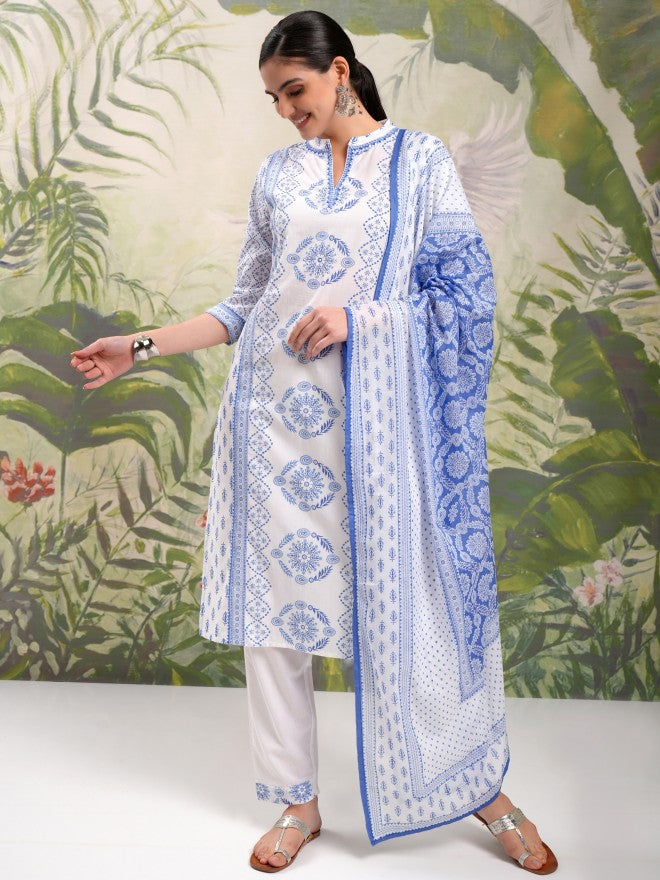 Vishudh Women Blue Printed Kurta With Trouser And Dupatta - Blue - Image 2