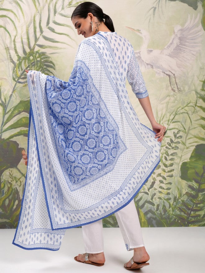 Vishudh Women Blue Printed Kurta With Trouser And Dupatta - Blue - Image 3