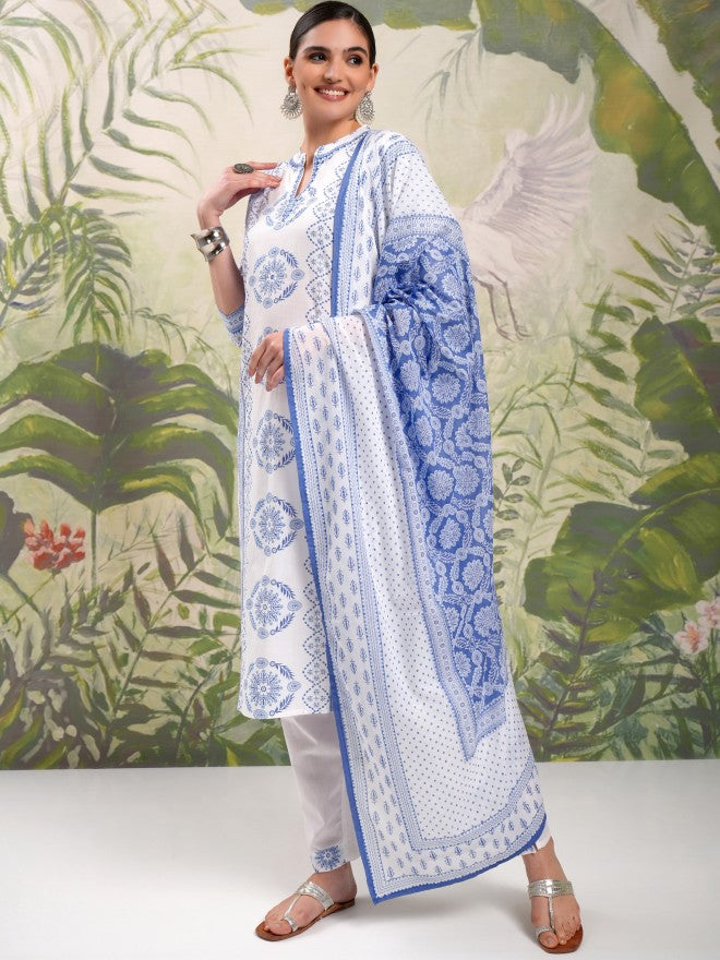 Vishudh Women Blue Printed Kurta With Trouser And Dupatta - Blue - Image 4