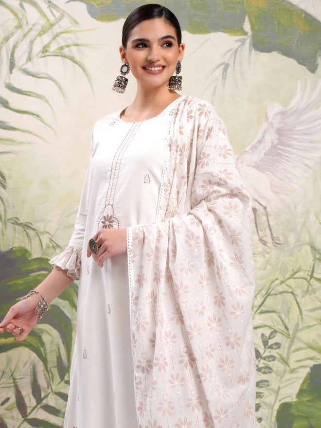 Vishudh Women White Embroidered Kurta With Trouser And Dupatta - White - Image 1
