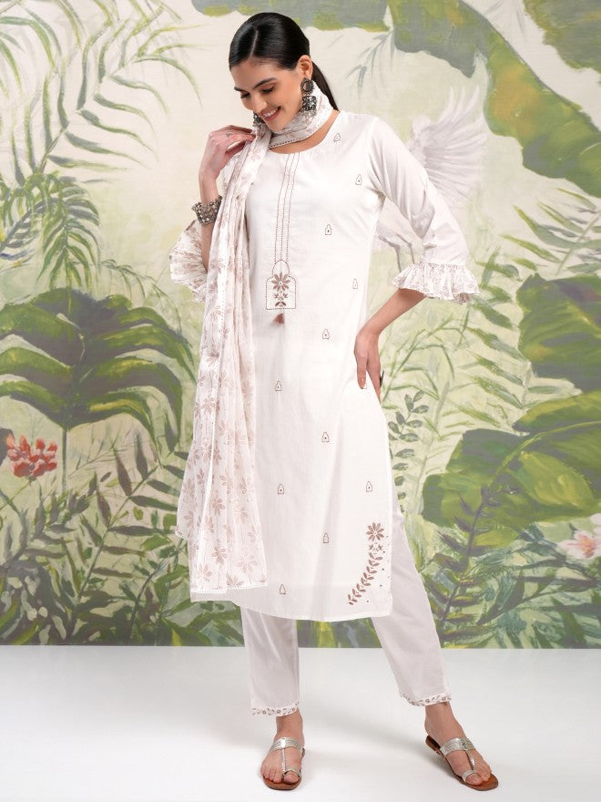 Vishudh Women White Embroidered Kurta With Trouser And Dupatta - White - Image 2