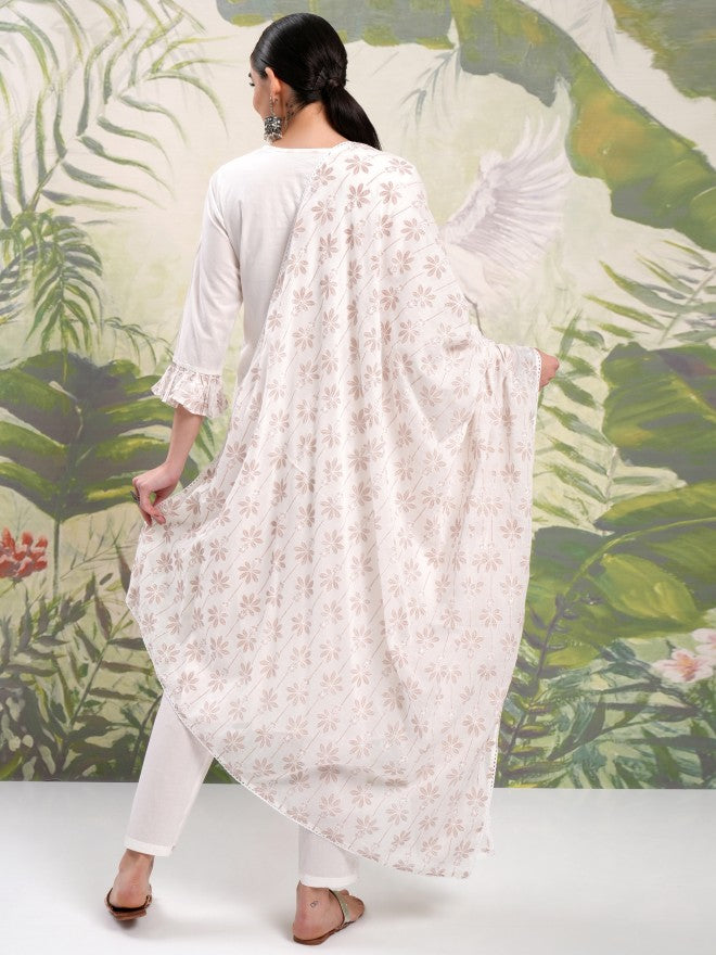 Vishudh Women White Embroidered Kurta With Trouser And Dupatta - White - Image 3