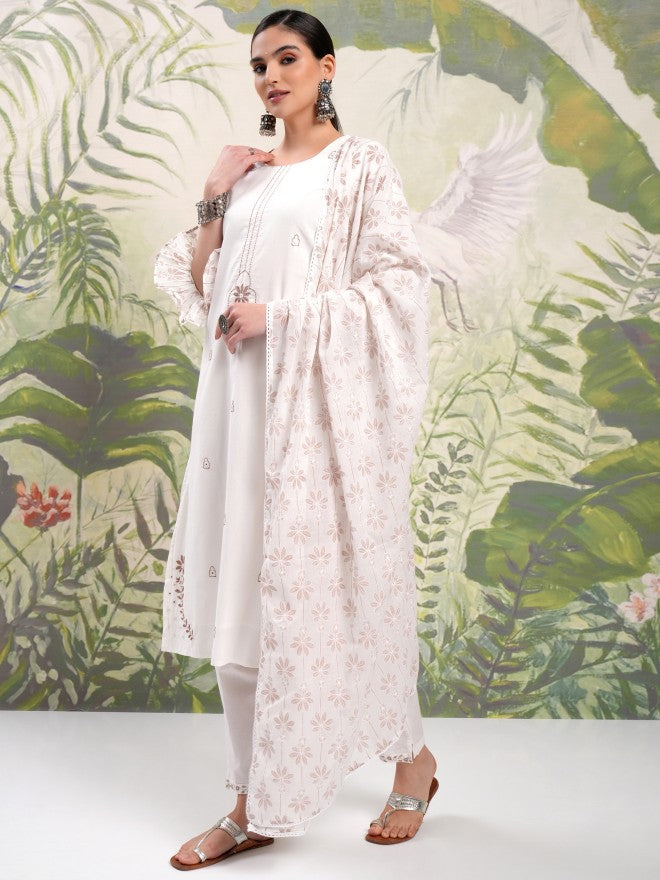 Vishudh Women White Embroidered Kurta With Trouser And Dupatta - White - Image 4