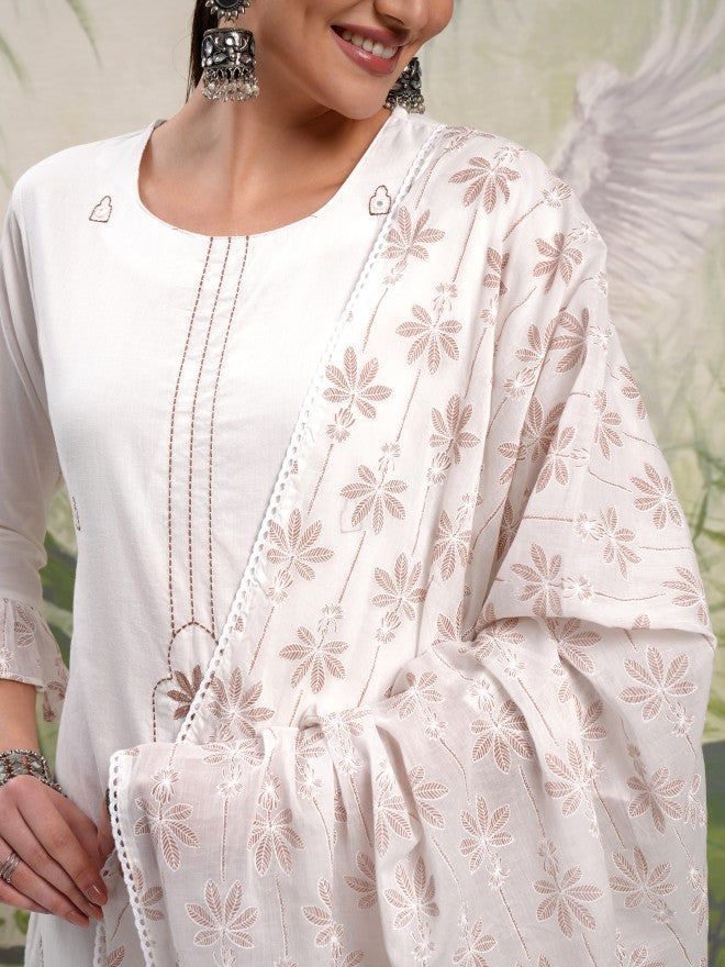 Vishudh Women White Embroidered Kurta With Trouser And Dupatta - White - Image 5