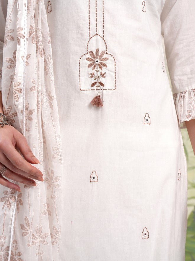 Vishudh Women White Embroidered Kurta With Trouser And Dupatta - White - Image 9