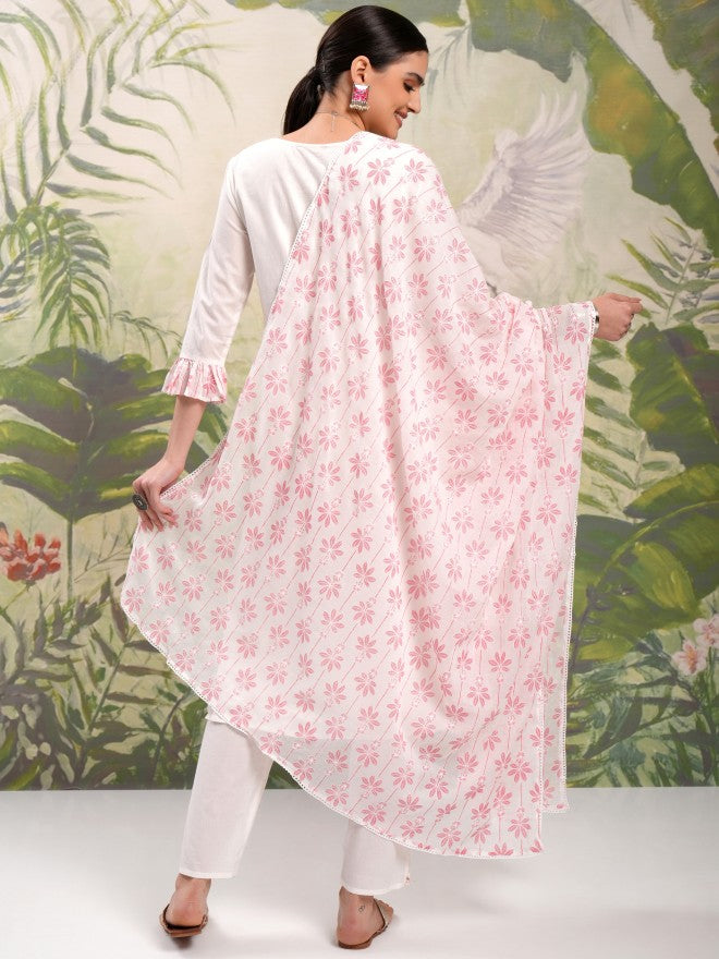 Vishudh Women White Embroidered Kurta With Trouser And Dupatta - White - Image 3