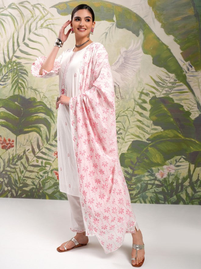 Vishudh Women White Embroidered Kurta With Trouser And Dupatta - White - Image 4