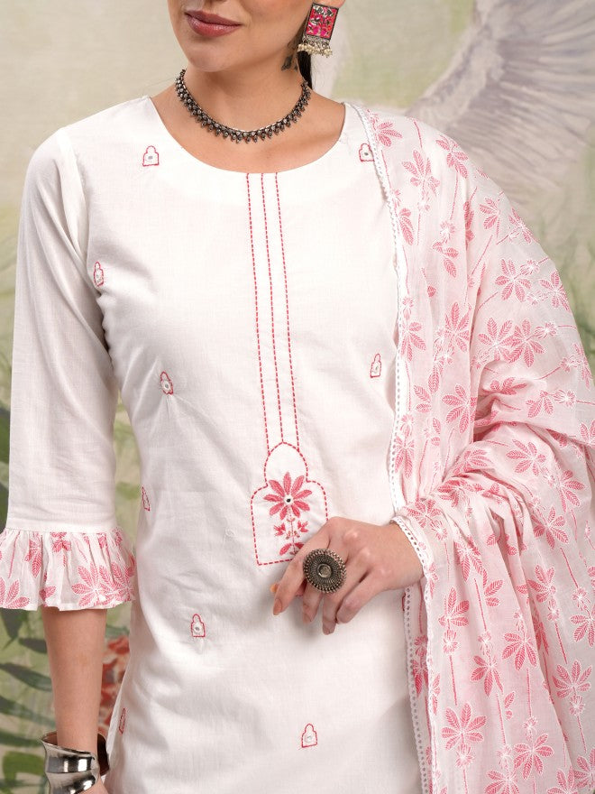 Vishudh Women White Embroidered Kurta With Trouser And Dupatta - White - Image 5