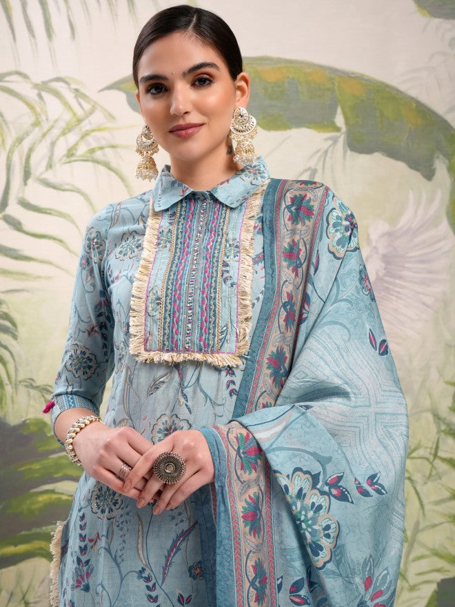 Vishudh Women Blue Printed Kurta With Trouser And Dupatta - Blue - Image 1