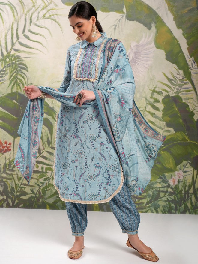 Vishudh Women Blue Printed Kurta With Trouser And Dupatta - Blue - Image 2