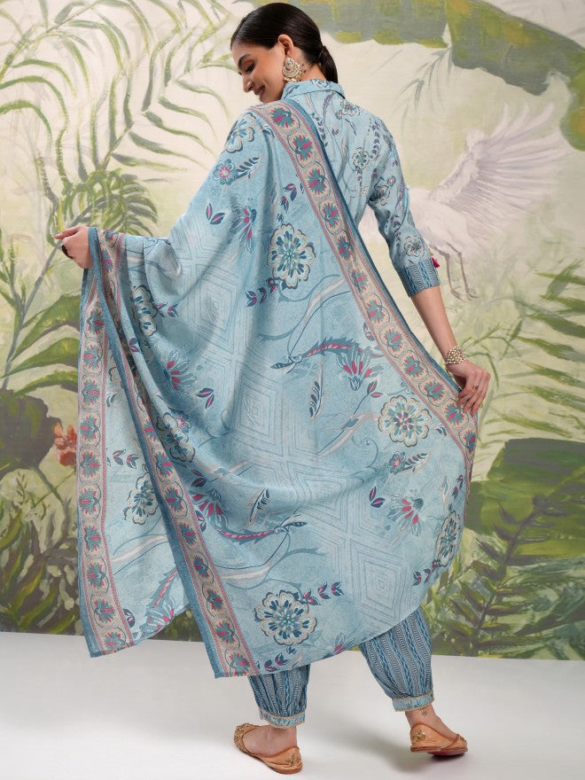 Vishudh Women Blue Printed Kurta With Trouser And Dupatta - Blue - Image 3