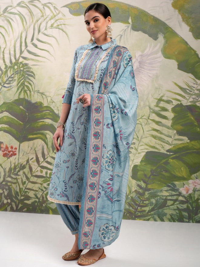 Vishudh Women Blue Printed Kurta With Trouser And Dupatta - Blue - Image 4