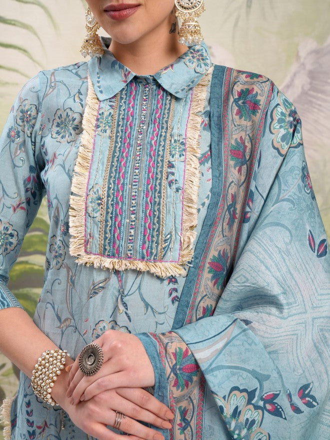 Vishudh Women Blue Printed Kurta With Trouser And Dupatta - Blue - Image 5