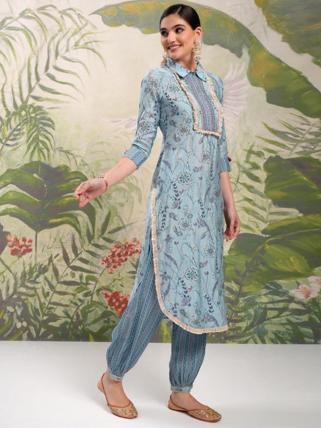 Vishudh Women Blue Printed Kurta With Trouser And Dupatta - Blue - Image 6