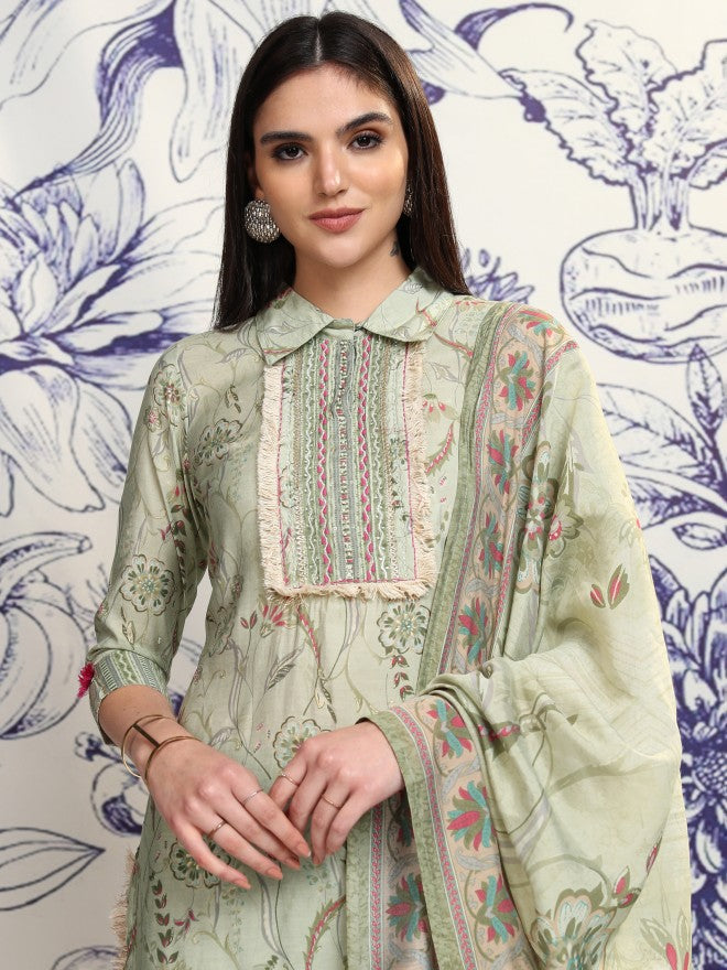 Vishudh Women Green Printed Kurta With Trouser And Dupatta - Green - Image 1