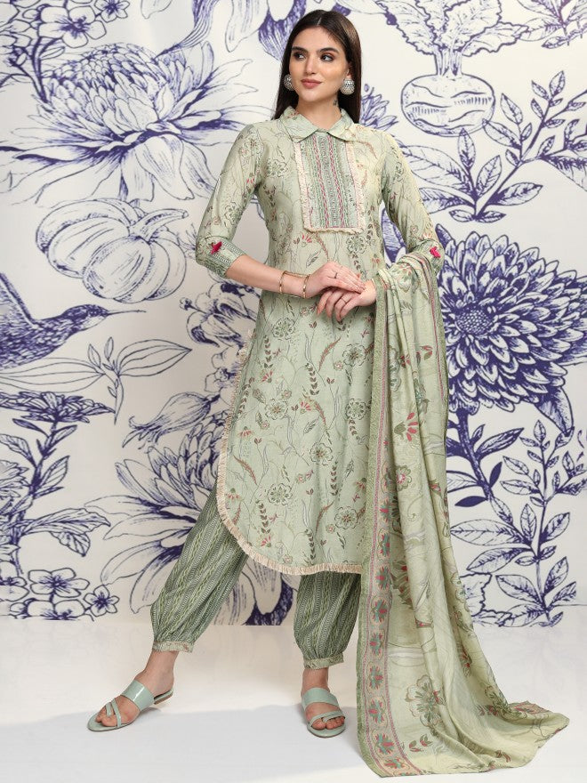 Vishudh Women Green Printed Kurta With Trouser And Dupatta - Green - Image 2