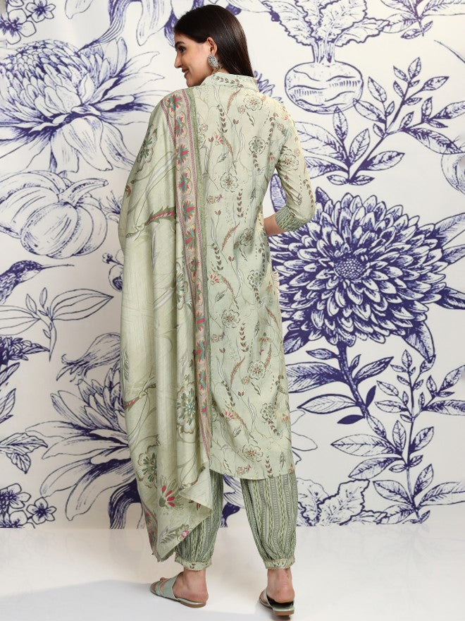 Vishudh Women Green Printed Kurta With Trouser And Dupatta - Green - Image 3