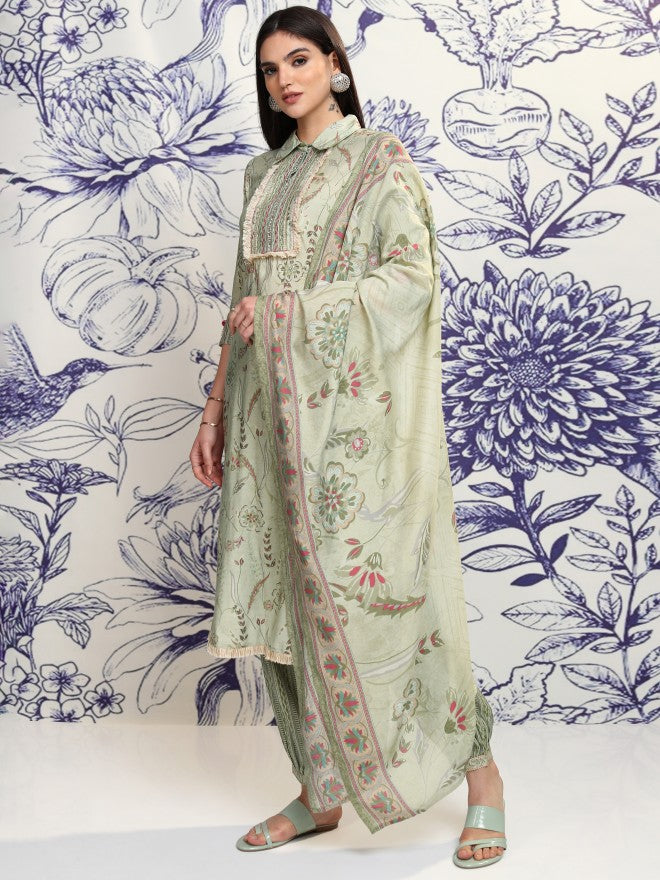 Vishudh Women Green Printed Kurta With Trouser And Dupatta - Green - Image 4