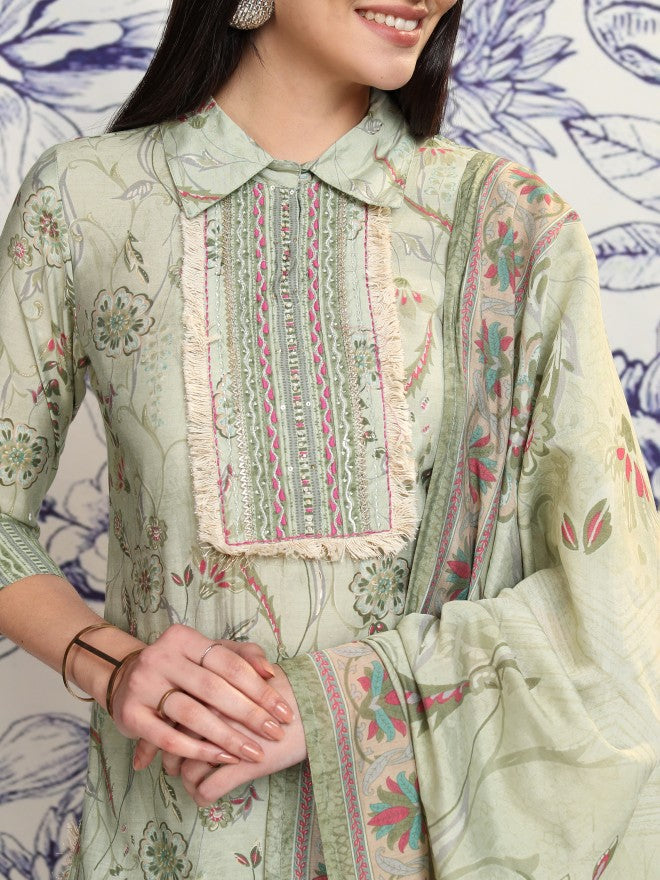 Vishudh Women Green Printed Kurta With Trouser And Dupatta - Green - Image 5