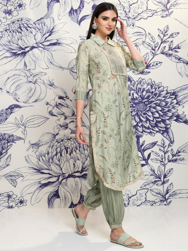 Vishudh Women Green Printed Kurta With Trouser And Dupatta - Green - Image 6
