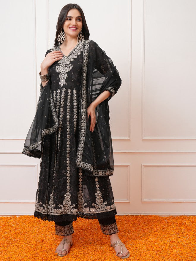 Vishudh Women Black Embroidered Kurta With Trousers And Dupatta - Black - Image 1