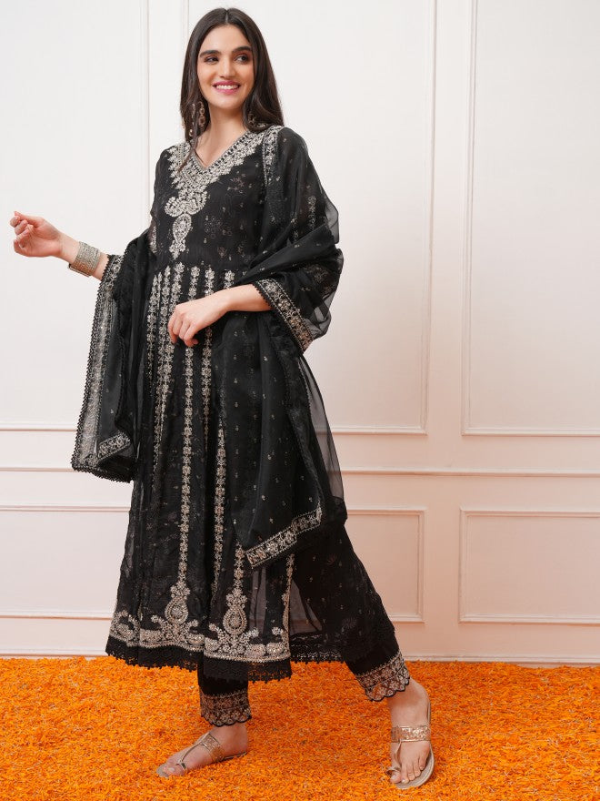 Vishudh Women Black Embroidered Kurta With Trousers And Dupatta - Black - Image 2