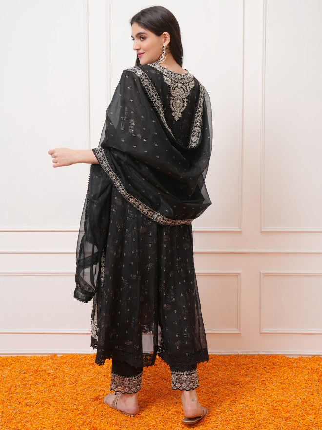 Vishudh Women Black Embroidered Kurta With Trousers And Dupatta - Black - Image 3