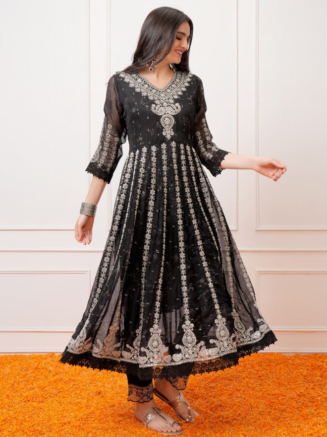 Vishudh Women Black Embroidered Kurta With Trousers And Dupatta - Black - Image 4