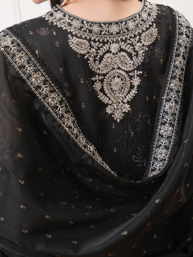 Vishudh Women Black Embroidered Kurta With Trousers And Dupatta - Black - Image 5