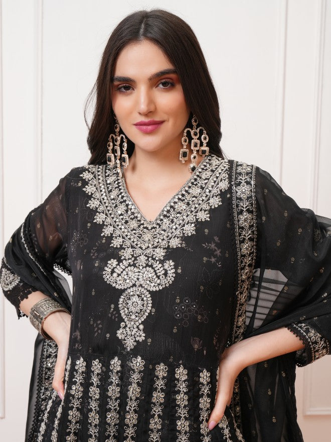 Vishudh Women Black Embroidered Kurta With Trousers And Dupatta - Black - Image 8