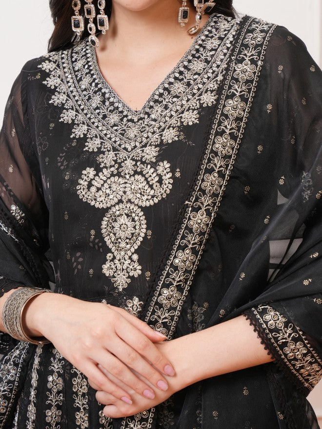 Vishudh Women Black Embroidered Kurta With Trousers And Dupatta - Black - Image 9