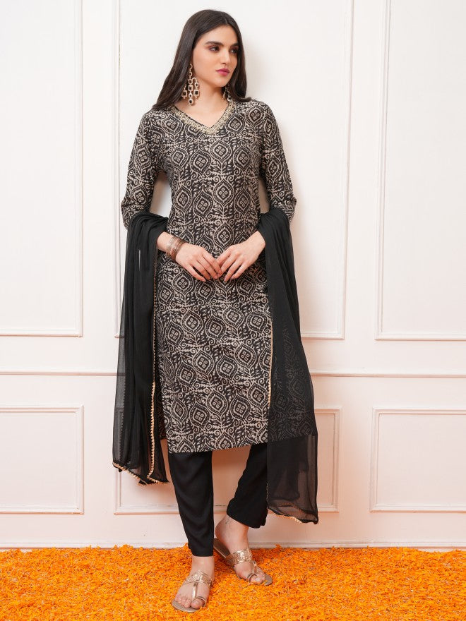 Vishudh Women Black Printed Kurta With Trouser And Dupatta - Black - Image 1